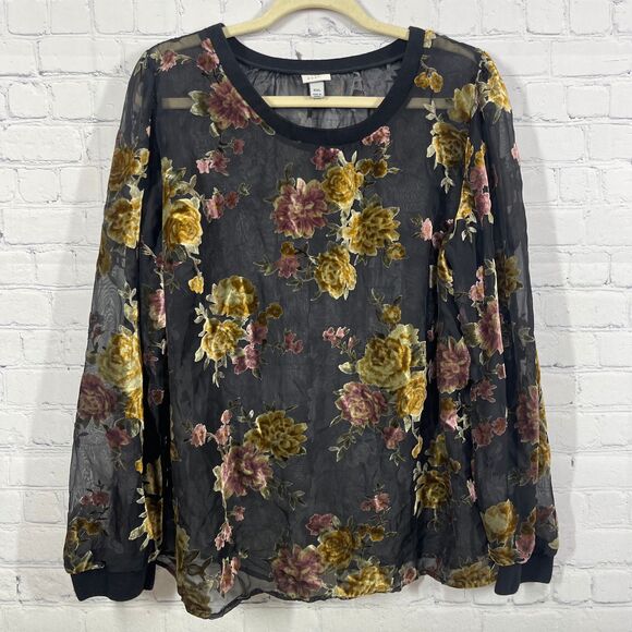 A New Day Tunic Women XXL Floral Velvet Burnout Sheer Pullover Blouse Top - Picture 1 of 11